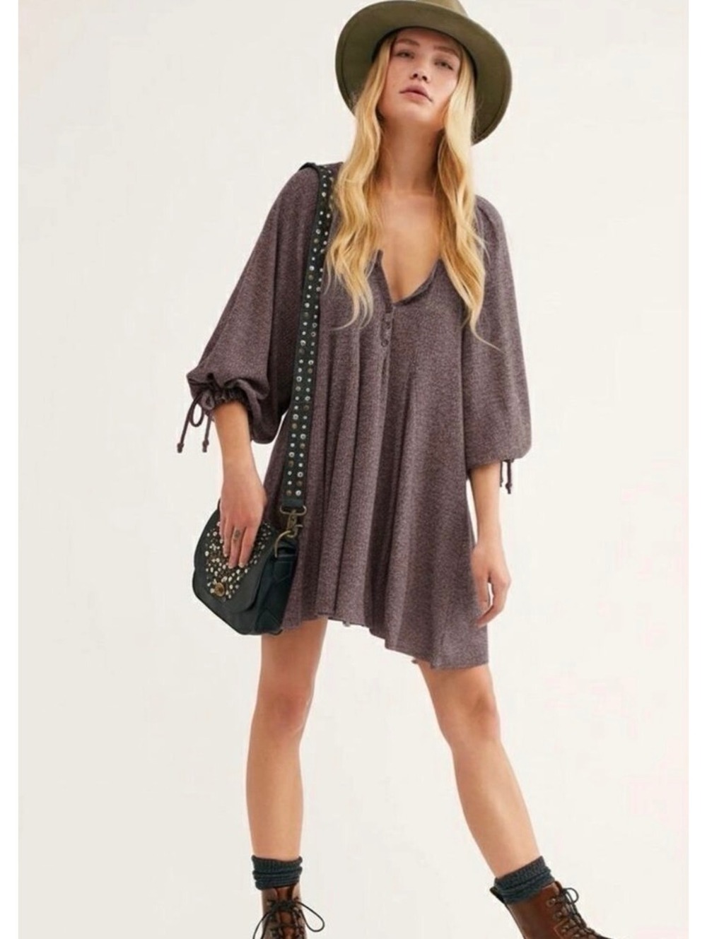Free People We The Free Winter Sun Tunic XS Purple Oversized Boho Puff Sleeve